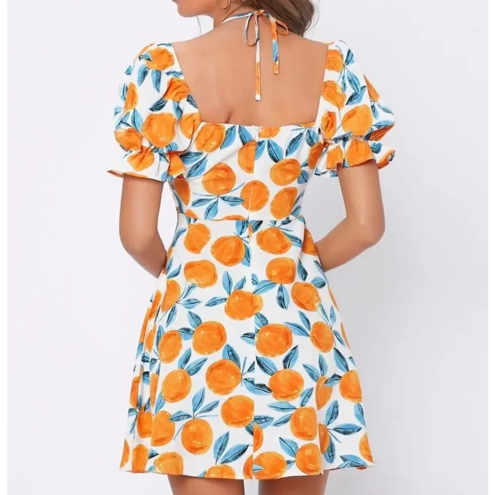 Shein Citrus Clementine Orange Puff Sleeve Mini Dress Medium Summer - Picture 8 of 10